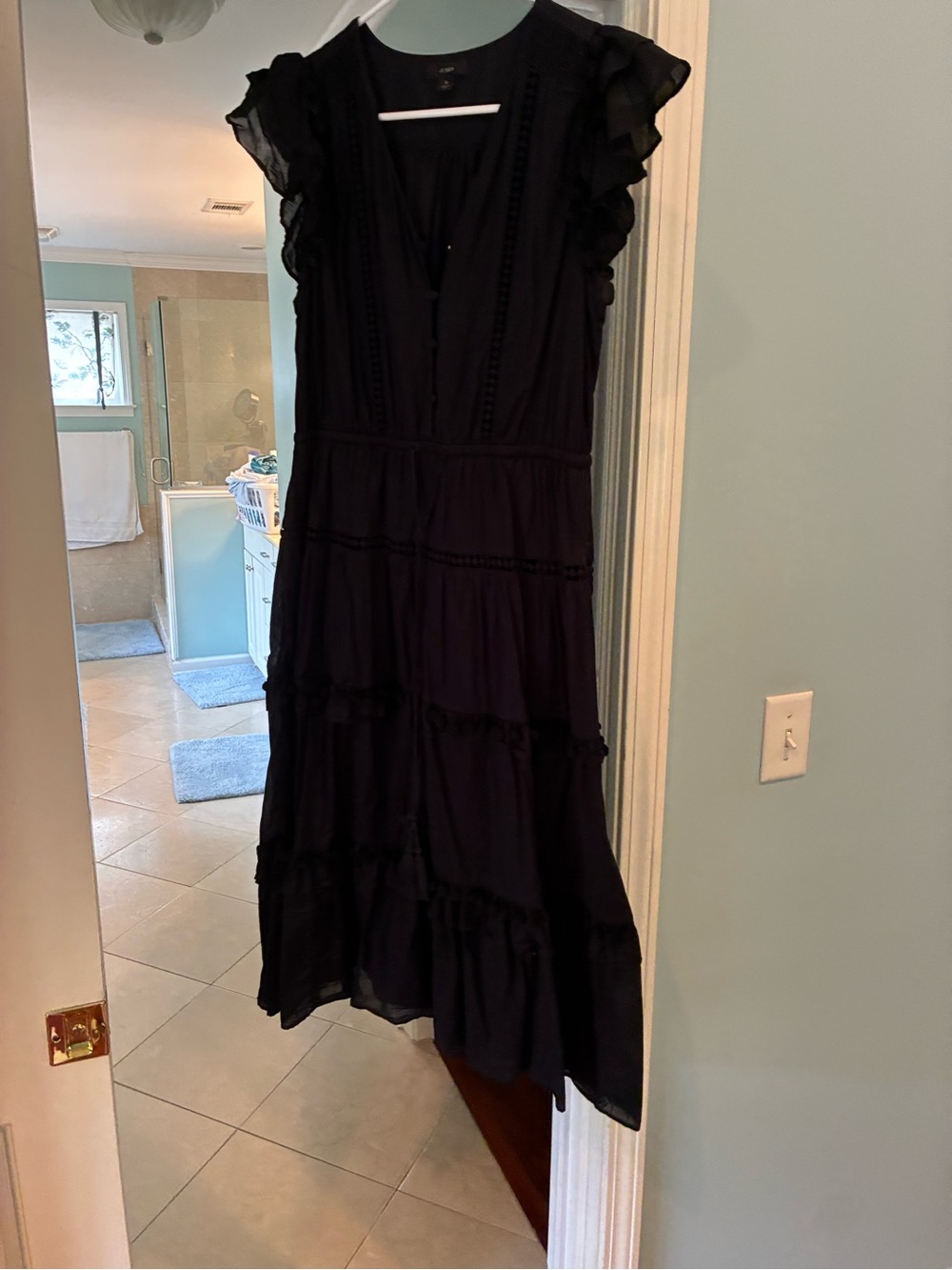 J. Crew Black Ruffle-Sleeve Tiered Maxi Dress
